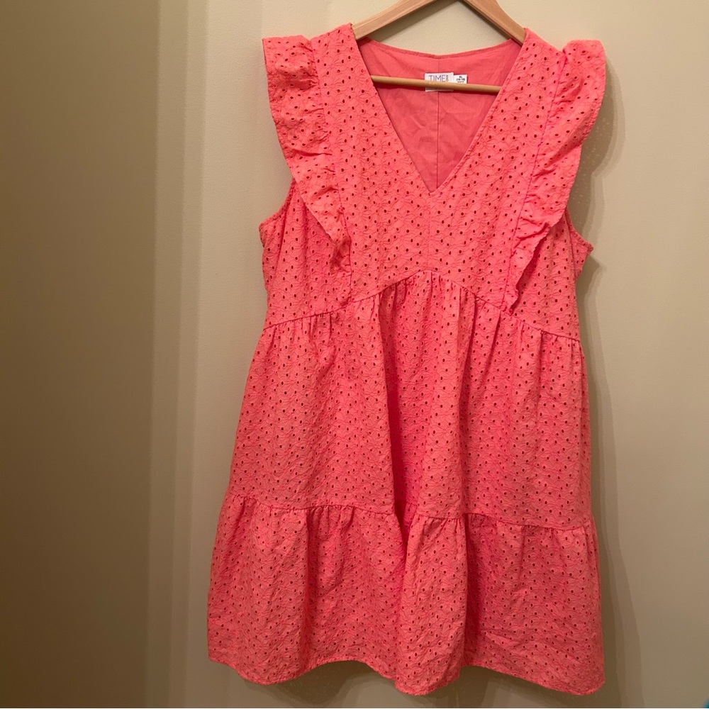 NWT Time and Tru Coral Pink‎ Eyelet Ruffle Dress Spring Beachy Preppy XL (16-18)